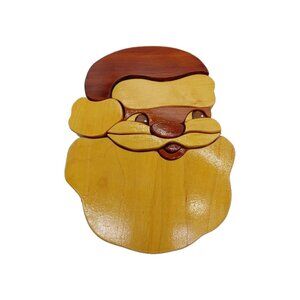 Intarsia Santa Claus Wood 3d Wall Hanging Signed Folk Art 8" Cedar Maple Cherry